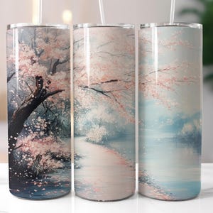 Cherry Blossom Tumbler Wrap Design 20oz Skinny Tumbler Sublimation Design Digital Download PNG Springtime Scene with Blooms Japan Floral