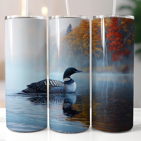 Loon Tumbler Wrap 20 oz Skinny Tumbler Sublimation Design Digital Download PNG Instant Loon Nature Lover Northern Woods Outdoor Tumbler PNG