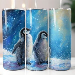 Baby Penguin Tumbler Wrap 20 oz Skinny Tumbler Sublimation Design Digital Download PNG Instant Northern Lights Penguins Design Christmas PNG