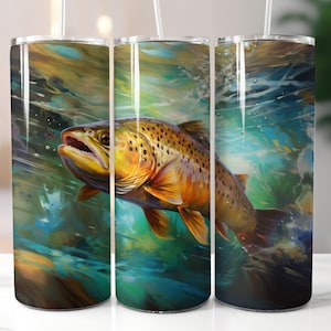 May include: A stainless steel tumbler with a colorful design of a brown trout swimming in a stream. The tumbler has a lid and a straw.