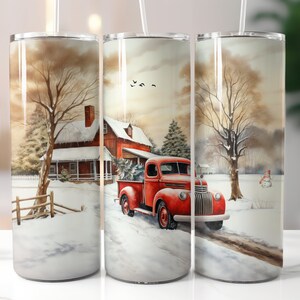 Red Christmas Truck Tumbler Wrap 20oz Skinny Tumbler Sublimation Design Digital Download PNG Instant Design Red Truck Christmas PNG Vintage