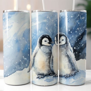 Baby Penguin Tumbler Wrap 20oz Skinny Tumbler Sublimation Design Digital Download PNG Instant Northern Lights Penguins Design Watercolor PNG