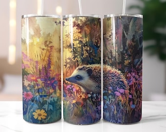 Cute Hedgehog Tumbler Wrap 20oz Skinny Tumbler Sublimation Design Vibrant Wildflowers Nature Digital Download PNG Gift Idea England PNG