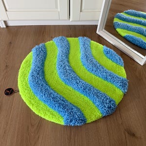 Wavy blue and green tufted rug/ tufting rug/ home decor/ fluffy rug/ handmade rug/3D rug
