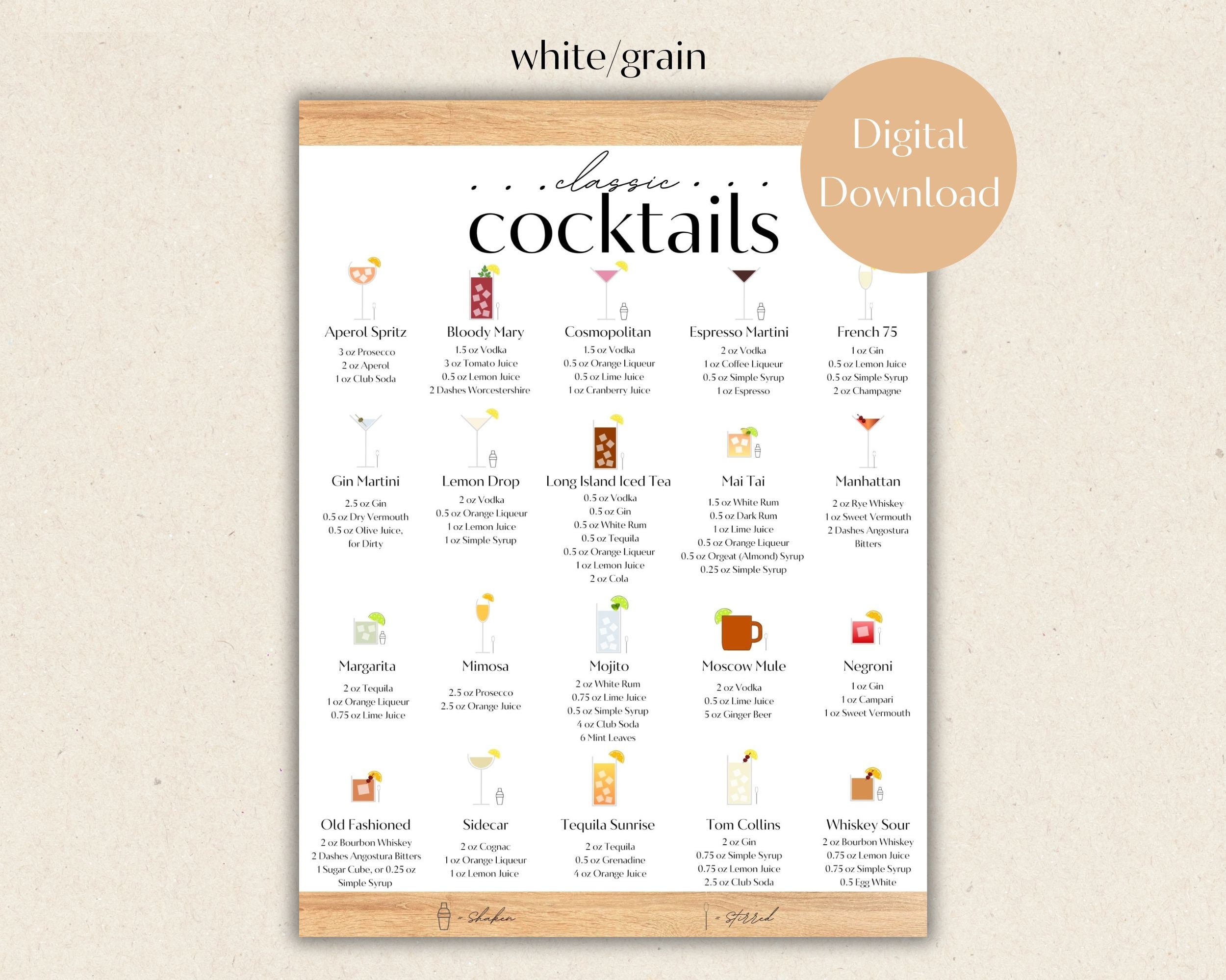 Printable Cocktail Poster for Home Bar, 20 Instantly Downloadable Cocktail Recipes, Cocktail ...