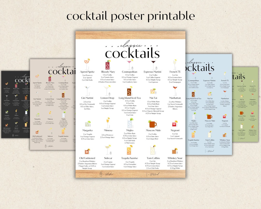 Printable Cocktail Poster for Home Bar, 20 Instantly Downloadable Cocktail Recipes, Cocktail ...