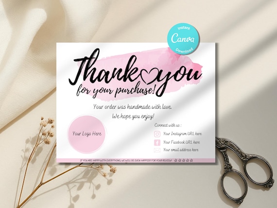 PRINTABLE Business Thank You card Insert Editable CANVA Template Modern Pastel Pink Card Add your own Logo Thank You For Your Order