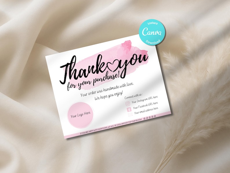 PRINTABLE Business Thank You card Insert Editable CANVA Template Modern Pastel Pink Card Add your own Logo Thank You For Your Order image 2