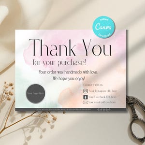 May include: A pastel-coloured thank you card with the words "Thank You" in elegant black font. The card includes the text "for your purchase!" and "Your order was handmade with love." A teal circle reads "Instant Canva Download."