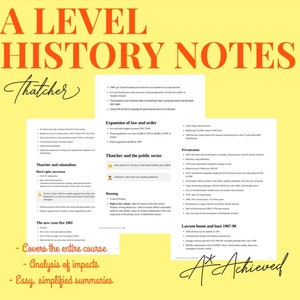 May include: A Level History Notes study guide, titled "Thatcher" in cursive. The guide covers the entire course, with analysis of impacts and easy, simplified summaries. The text is black on a yellow background.