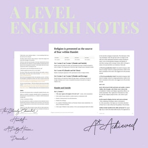 Puede incluir: Documento de notas de inglés de nivel A con texto sobre Hamlet, incluyendo "La religión se presenta como la fuente del miedo dentro de Hamlet". El documento también incluye los títulos "The Bloody Chamber", "Hamlet", "A Doll's House" y "Dracula".