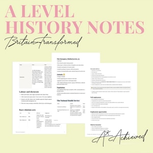 May include: A pale yellow background with pink text reading "A LEVEL HISTORY NOTES" and "Britain Transformed". Several pages of notes are visible, covering topics such as "Labour and electorate" and "Race relations acts". The bottom right corner says "A* Achieved".