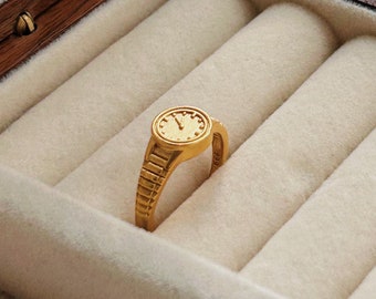 Adjustable Gold Watch Ring, Unique Timepiece Jewelry, Great Valentine's Day Gift, Time 5:20 (IOU), Stylish Statement Cool Clock Ring for Her