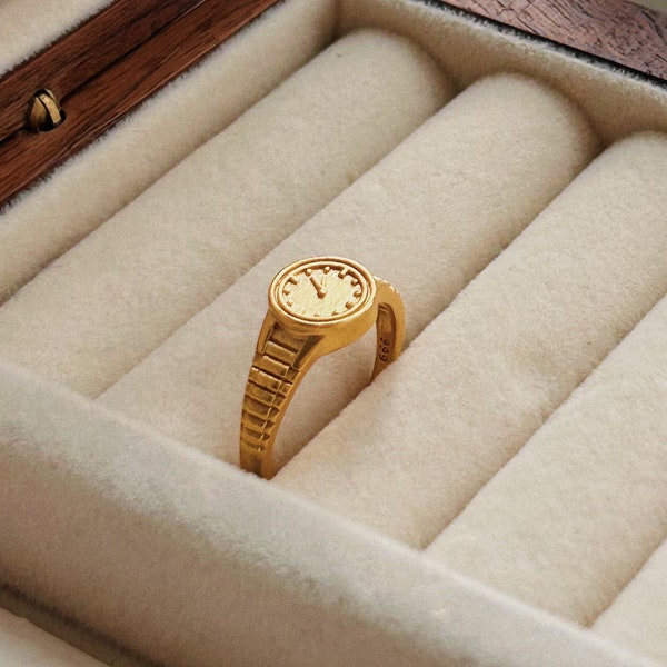 Adjustable Gold Watch Ring, Unique Timepiece Jewelry, Great Valentine's Day Gift, Time 5:20 (IOU), Stylish Statement Cool Clock Ring for Her