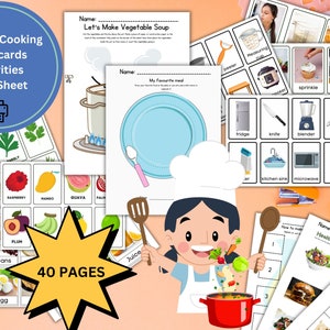 Preschool Food & Cooking / Flashcards , Worksheets Activities Montisory ~ Autism Homeschool ~ Kindergarten Binder Visual aid Workbook Bundle