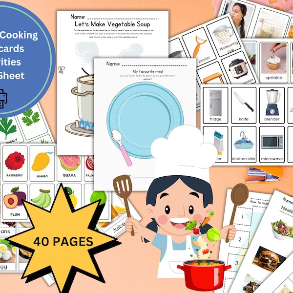 Preschool Food & Cooking / Flashcards , Worksheets Activities Montisory ~ Autism Homeschool ~ Kindergarten Binder Visual aid Workbook Bundle