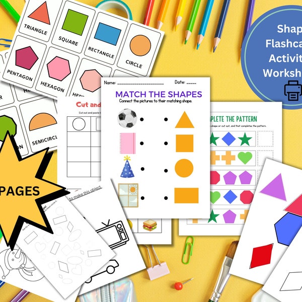 Preschool Shapes Flashcards & Worksheets Activities Montisory ~ Autism Homeschool ~ Kindergarten PECS Busy Binder Visual aid Workbook Bundle