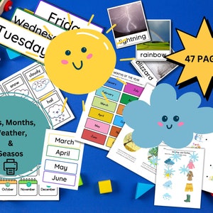 Préscolaire : saisons, jours, mois et météo / cartes-éclair, feuilles de travail, activités Montisory ~ programme d'études sur l'autisme ~ lot de cahiers d'exercices