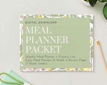 Puede incluir: Una descarga digital para un paquete de planificador de comidas. La imagen presenta un fondo verde con un diseño floral de limones y hojas. El texto dice "DESCARGA DIGITAL PLANIFICADOR DE COMIDAS PAQUETE Planificador de comidas semanal + Lista de la compra, Planificador de comidas diario, & Páginas de revisión de la semana (7 semanas en blanco)"