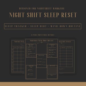 May include: A printable bundle for nightshift workers, featuring a sleep tracker, sleep debt, and wind-down routine. The design includes a weekly sleep schedule, a wind-down routine checklist, and a sleep debt tracker. The text reads "Night Shift Sleep Reset."
