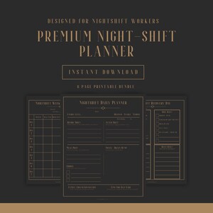 Könnte beinhalten: Ein dunkelbrauner, druckbarer Planer für Nachtschichtarbeiter. Der Text "PREMIUM NIGHT-SHIFT PLANNER" ist in Gold dargestellt. Der Planer enthält Abschnitte für die tägliche und wöchentliche Planung.