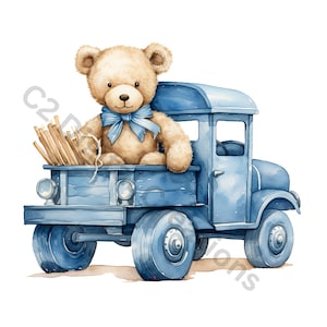 20 Watercolor teddy bear baby boy - airplanes - trucks, baby shower clipart pack for commercial use - 400 DPI - transparent background