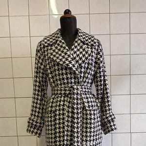 Handmade Wool Coat with Belt | Houndstooth Black White | Tailored Long Winter Coat | Elegant Women&#39;s Wool Jacket | Tailored coat
