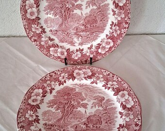 Vintage Enoch Wedgwood Woodland Pink Dinner Plates Set of 2, English Transferware, Cottagecore Decor
