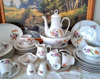 Vintage Ilmenau Graf von Henneberg Dinner & Tea Set for 6 • GDR Porcelain • Floral Gold Rim Tableware • 47-Piece German Service
