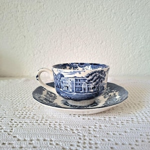Taza y platillo Royal Worcester Avon Scenes | Loza azul vintage, Inglaterra, década de 1960 | Juego de té de porcelana Palissy estilo rústico