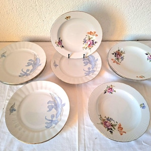 Può includere: Una collezione di piatti in porcellana bianca con bordi dorati. Alcuni piatti presentano disegni floreali in rosa, arancione e viola. Altri piatti hanno un motivo floreale blu. I piatti sono disposti su una superficie bianca.