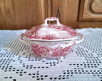 Vintage Johnson Bros rode suikerpot met deksel • Engels aardewerk • Landelijk tafereel • Engeland, jaren 60 • Landelijke keukendecoratie