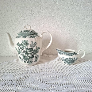Puede incluir: Un juego de tetera y crema de cerámica blanca con un estampado floral verde. La tetera tiene tapa y boquilla curva. La crema tiene asa y boquilla pequeña. Ambas piezas están sobre un tapete de encaje blanco.