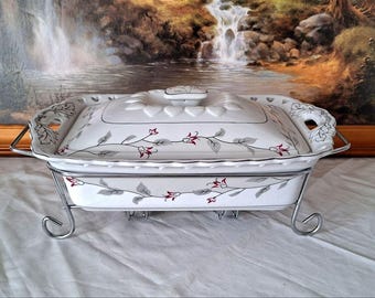 Calentador de alimentos de cerámica vintage YGC con tapa y soporte, ideal para velas, servir con motivos florales o para buffets. Vajilla de los años 90 y 2000.