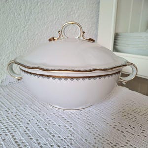 Vintage Hutschenreuther Soup Tureen with Lid • 1940s German Porcelain White & Gold • Restored Handle • Elegant Antique Serving Dish