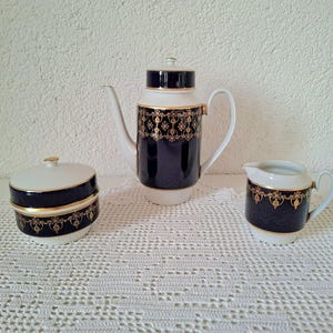 Vintage Weimar Echt Kobalt Tea Coffee Mokka Espresso Set • Teapot, Sugar Bowl, Creamer • 1970s GDR • Cobalt & Gold Porcelain