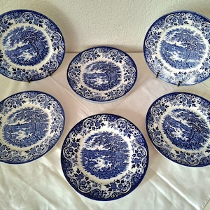 Vintage Broadhurst engelsk scen tallrik 22 cm | Blå Transferware Ironstone | Staffordshire England | Ersättningstallrik för middag och dessert