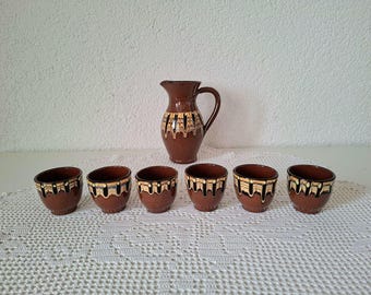 Vintage Bulgarian Ceramic Pitcher Set 1960s – Small Cups & Jug – Folk Pottery – Rustic Balkan Drink Set