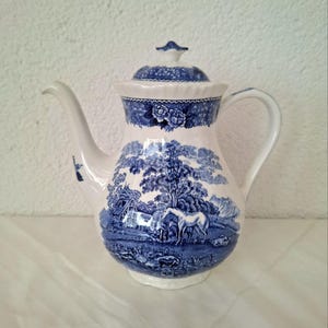 Vintage Adams English Scenic Teapot 1.3L Blue White Ironstone Coffee Tea Pot Wedgwood Group England 1960s Cottage Style