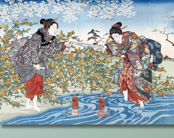Japanese Girls by Ide Tama River 1847 Vintage Painting by Utagawa