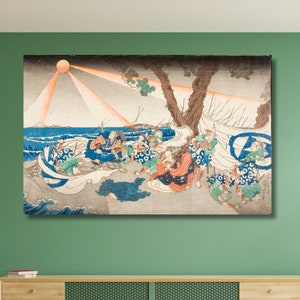May include: A vintage Japanese woodblock print depicting a group of people gathered under a tree by the sea. The print features a bright orange sun with rays of light, blue waves, and a variety of colors and patterns in the clothing of the figures.