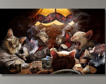 Animal Artwork, Cats With Playing Cards Wall Art, Game Room Canvas