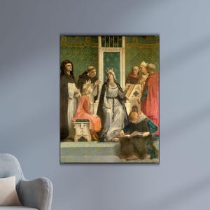 May include: A framed print of a historical painting showing a queen on a throne, surrounded by figures in medieval dress. The artwork uses a rich colour palette with detailed depictions of clothing and architecture, creating a scene of historical significance.