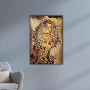 May include: A framed surrealist artwork featuring a portrait of a person with a detailed, open-top head. The artwork uses a warm color palette of browns, yellows, and reds, with intricate textures and patterns. The person's eyes are closed, and the overall style is reminiscent of Salvador Dalí.