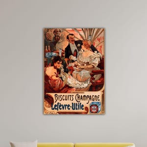 May include: Vintage advertisement for Lefèvre-Utile Biscuits Champagne. The artwork depicts three people in elegant attire enjoying champagne. The poster has a warm color palette with text that reads "Biscuits Champagne Lefèvre-Utile."