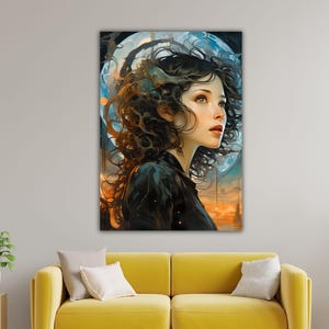 May include: A vertical wall art print featuring a portrait of a person with dark, voluminous, wavy hair. The background displays a large, glowing blue moon and an orange horizon. The person wears a dark top and looks upward with a neutral expression.