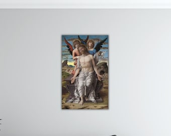 May include: A Renaissance painting showing a seated figure with angels. The central figure is draped in white cloth, with angels on either side. The artwork features a landscape background with a blue sky and clouds, and is rich in detail.