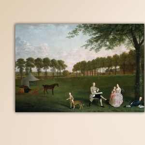 May include: A framed landscape painting depicting a pastoral scene with figures, a horse, and a tent. The artwork features a green field, trees, and a cloudy sky. The figures are dressed in period clothing, suggesting an historical theme.