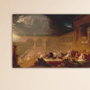 May include: A framed print of an antique painting depicting a large, open courtyard with columns and arches. Figures are gathered around tables, illuminated by a dramatic sky with a moon and clouds. The artwork is mounted on a beige wall.