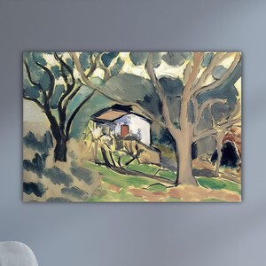 May include: An impressionistic painting of a small white house with a brown roof amongst trees. The artwork uses greens, blues, and browns, with visible brushstrokes. The painting is framed and mounted on a grey wall.